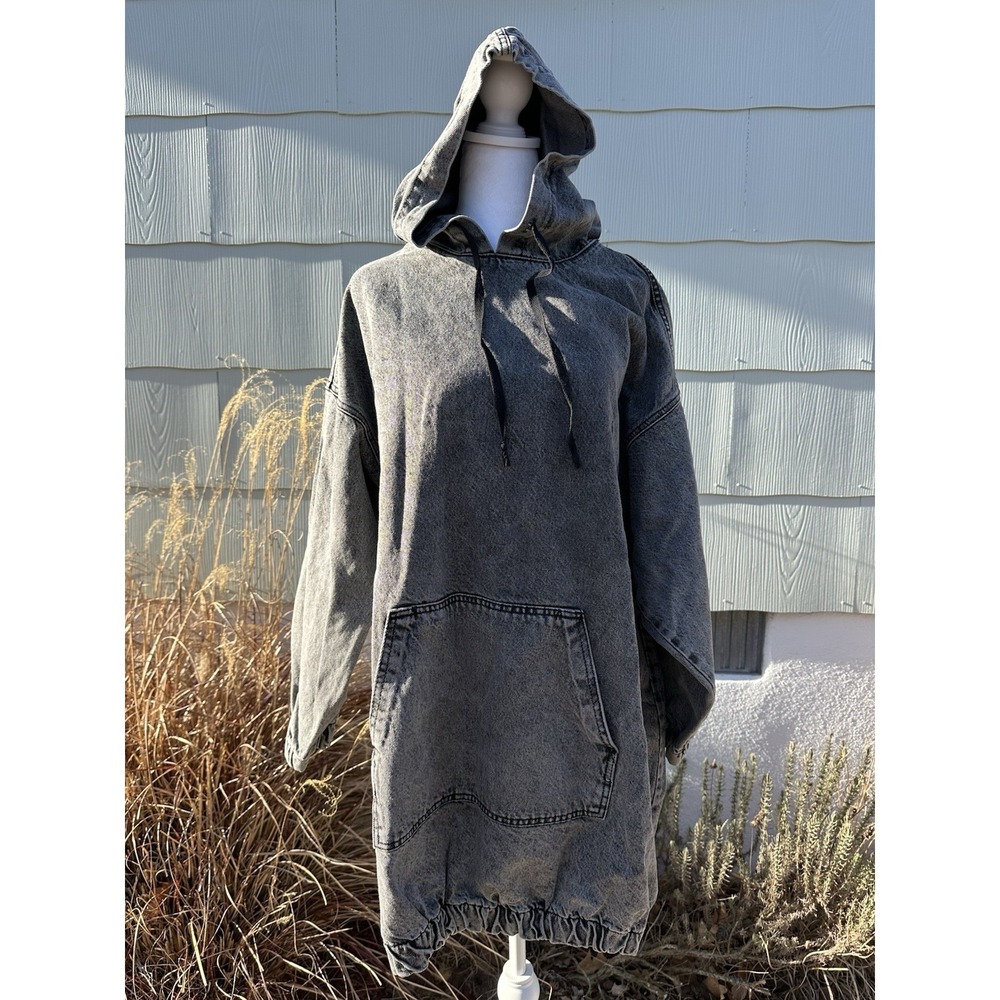 Boohoo Blue Black Denim Acid Washed Hoodie US Size 12 Extra Long Pullover‎